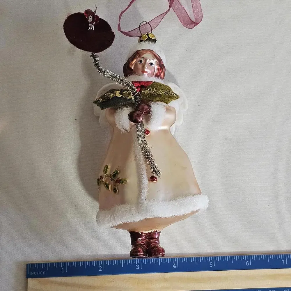 Antique Vintage Blown Glass Ornament Hand Painted Angel Girl Coat Floral RARE - Picture 7 of 8
